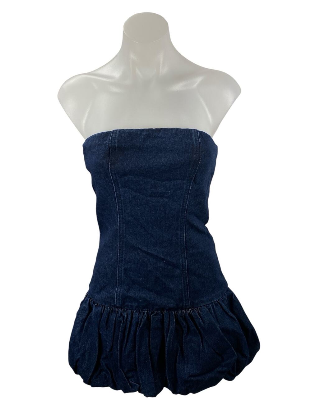 NEW PrettyLittleThing Blue Strapless Tube Bandeau Ruffle Mini Denim Jean Dress 2